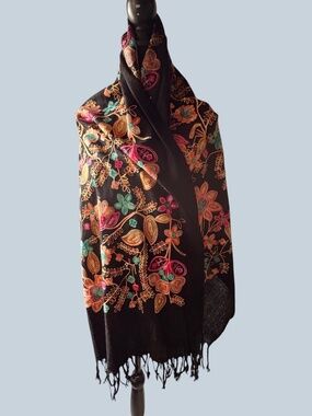 Cashmere/Pashmina Hand Embroidered Floral Fringed Shawl 66" x 26"